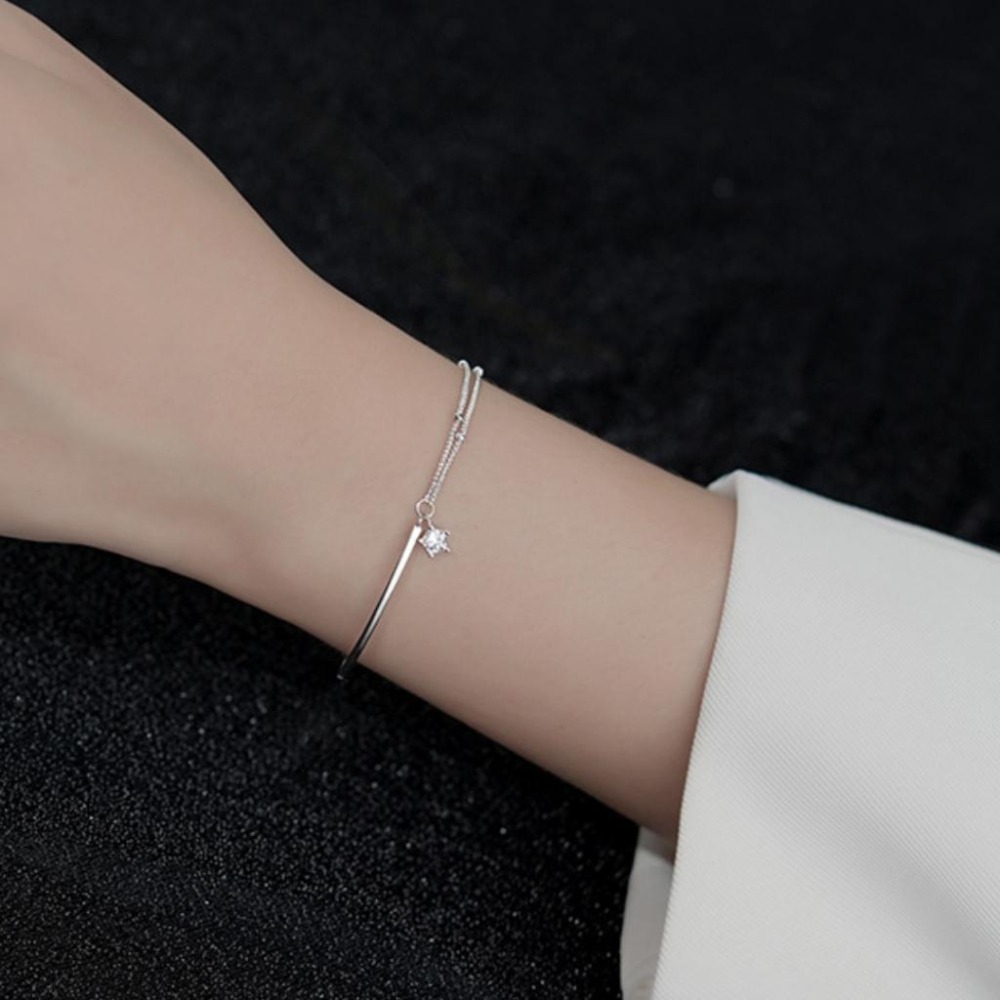 【43小舖】925純銀 雙層銀珠 鏈條拼接銀環 單鑽五角星星 手鍊｜S925｜通體純銀｜手環｜手鏈｜手飾｜飾品｜送拭銀布-細節圖4