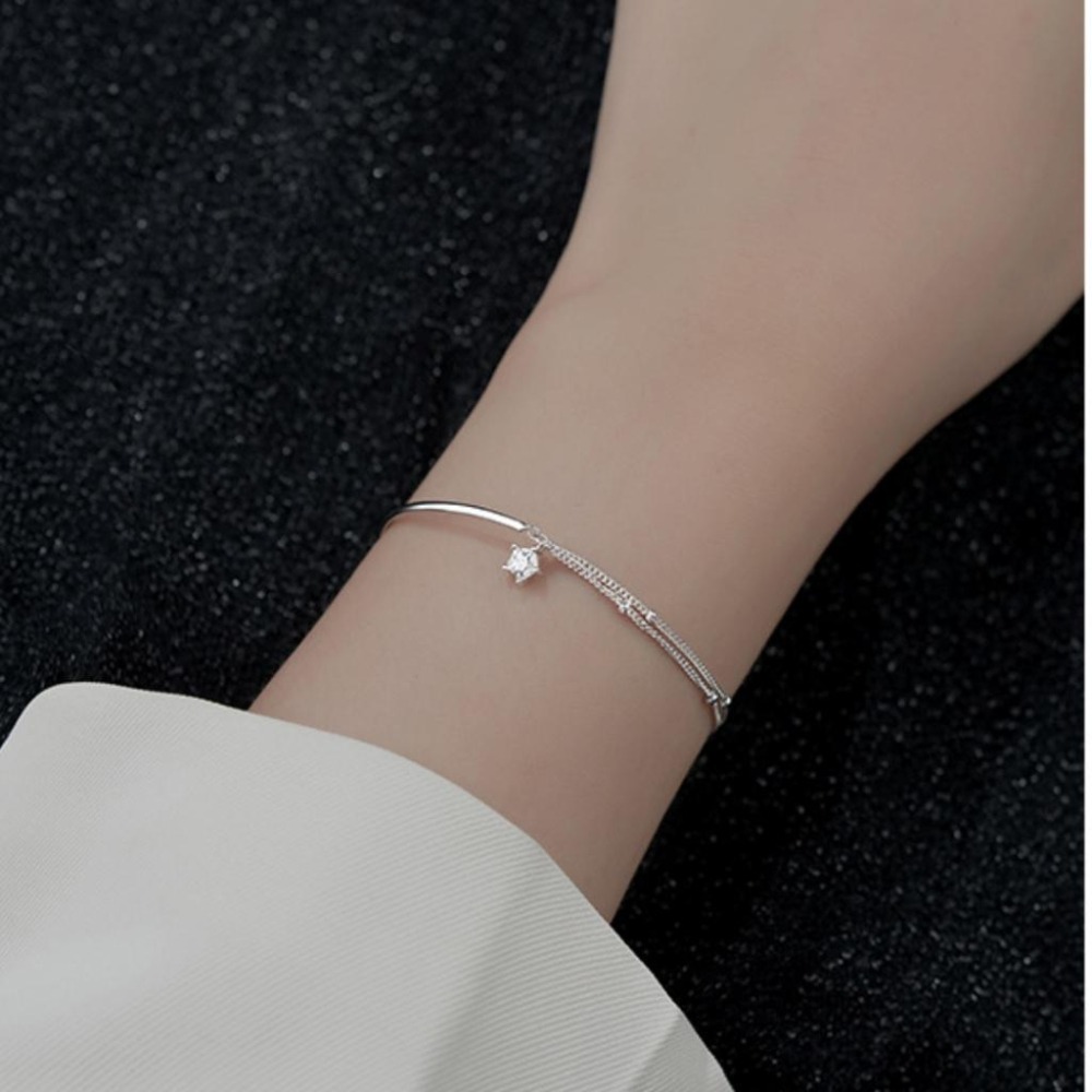 【43小舖】925純銀 雙層銀珠 鏈條拼接銀環 單鑽五角星星 手鍊｜S925｜通體純銀｜手環｜手鏈｜手飾｜飾品｜送拭銀布-細節圖5