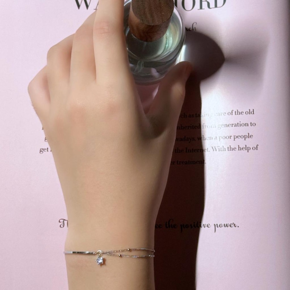 【43小舖】925純銀 雙層銀珠 鏈條拼接銀環 單鑽五角星星 手鍊｜S925｜通體純銀｜手環｜手鏈｜手飾｜飾品｜送拭銀布-細節圖6