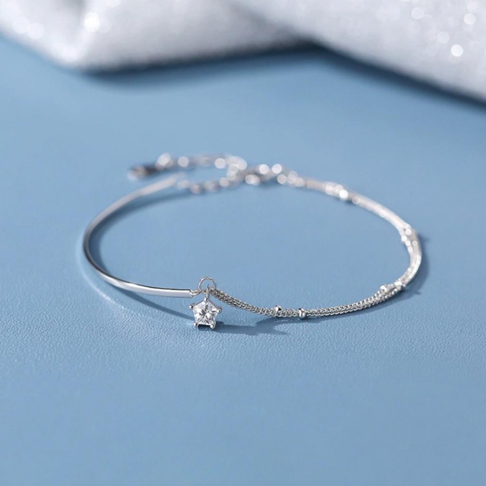 【43小舖】925純銀 雙層銀珠 鏈條拼接銀環 單鑽五角星星 手鍊｜S925｜通體純銀｜手環｜手鏈｜手飾｜飾品｜送拭銀布-細節圖8