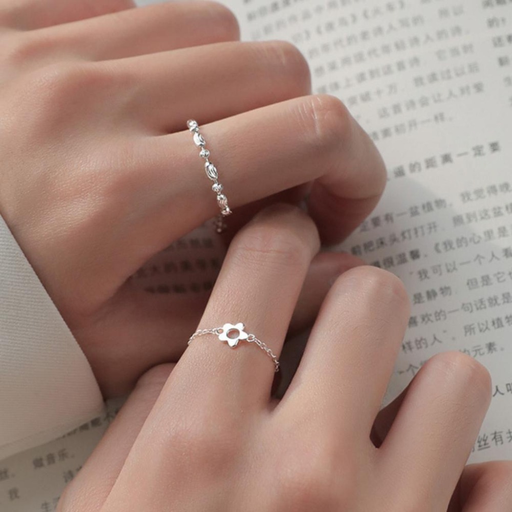 【43小舖】925鍍銀 花朵 米粒橄欖珠 鏈條 可調式 抽拉 拉繩 鍊戒｜S925｜戒指｜飾品｜銀飾｜送拭銀布-細節圖2