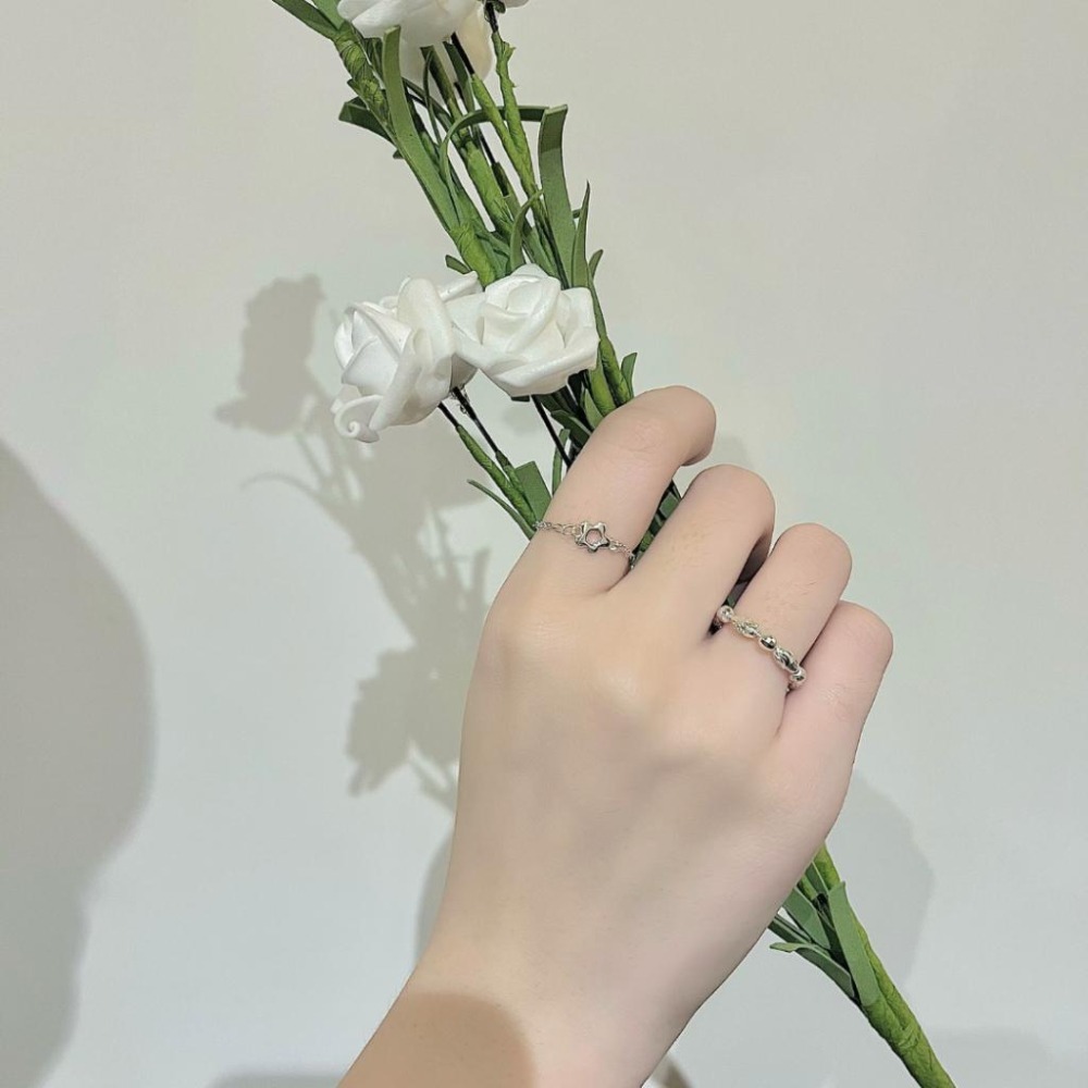 【43小舖】925鍍銀 花朵 米粒橄欖珠 鏈條 可調式 抽拉 拉繩 鍊戒｜S925｜戒指｜飾品｜銀飾｜送拭銀布-細節圖5