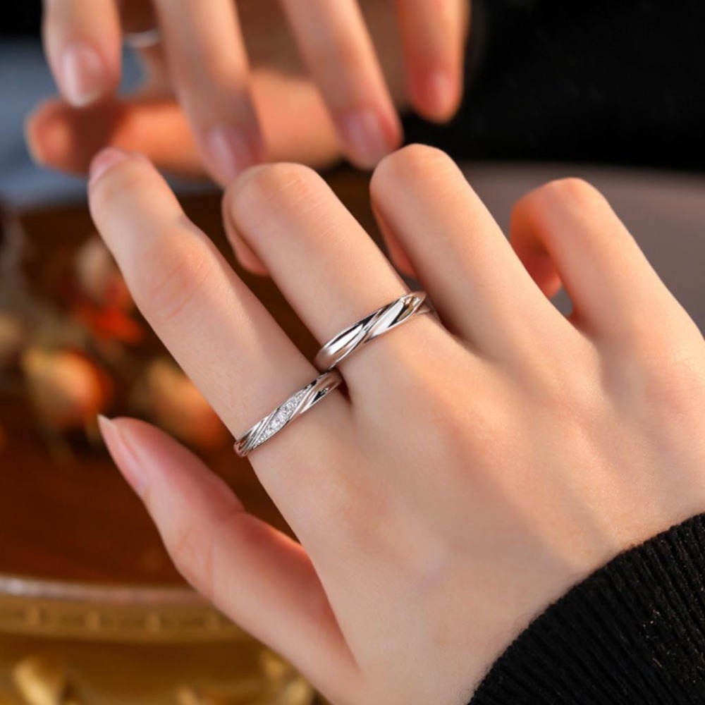 【43小舖】999足銀 鑲鑽鋯石 共度愛河 可調式 戒指｜S999｜通體純銀｜純銀｜開口戒｜情侶戒｜對戒｜飾品｜送拭銀布-細節圖3