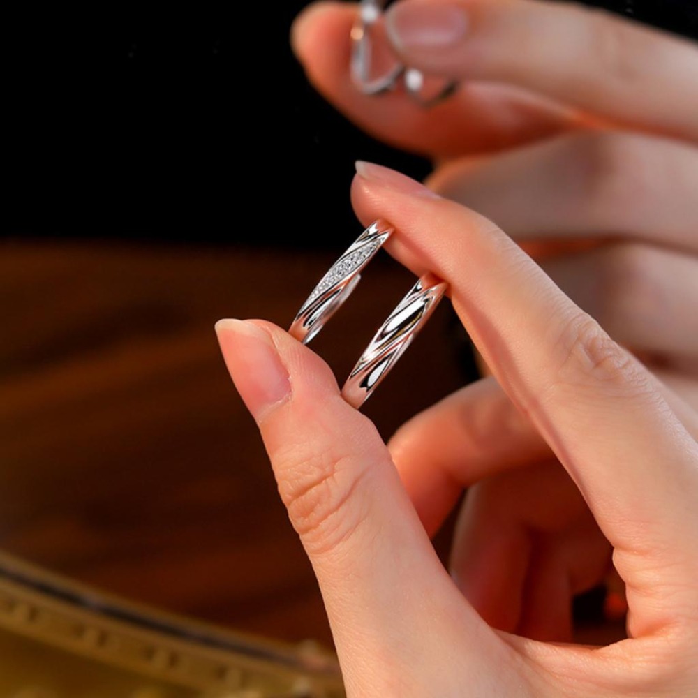 【43小舖】999足銀 鑲鑽鋯石 共度愛河 可調式 戒指｜S999｜通體純銀｜純銀｜開口戒｜情侶戒｜對戒｜飾品｜送拭銀布-細節圖6