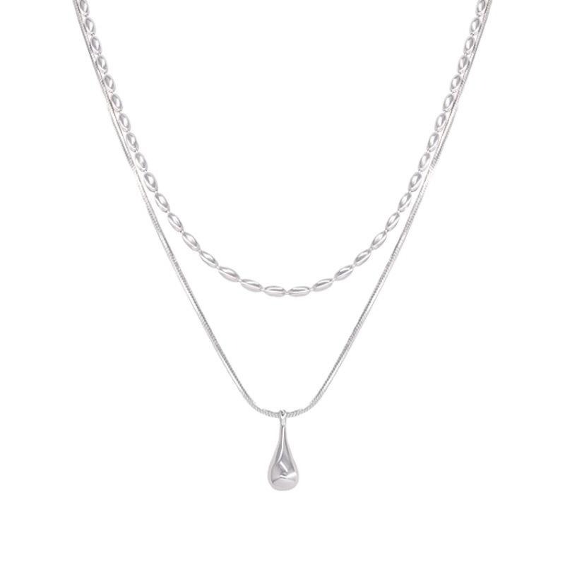 【43小舖】925鍍銀 雙層疊戴 橄欖珠 水滴吊墜 項鍊｜S925｜頸鍊｜鎖骨鍊｜飾品｜銀飾｜送拭銀布-細節圖2