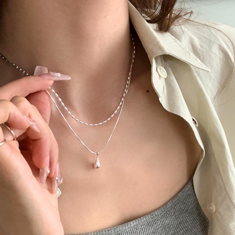 【43小舖】925鍍銀 雙層疊戴 橄欖珠 水滴吊墜 項鍊｜S925｜頸鍊｜鎖骨鍊｜飾品｜銀飾｜送拭銀布-細節圖5