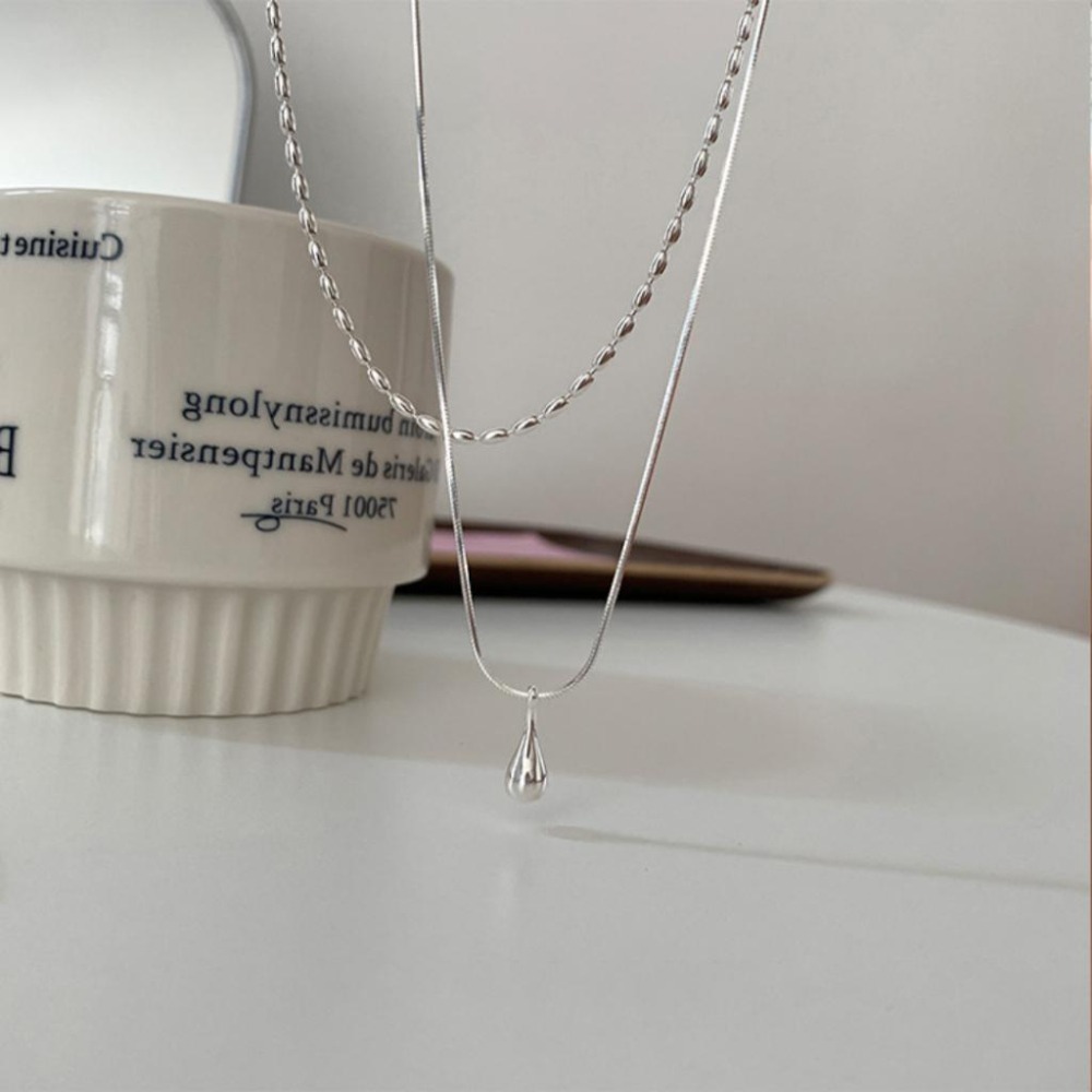 【43小舖】925鍍銀 雙層疊戴 橄欖珠 水滴吊墜 項鍊｜S925｜頸鍊｜鎖骨鍊｜飾品｜銀飾｜送拭銀布-細節圖7