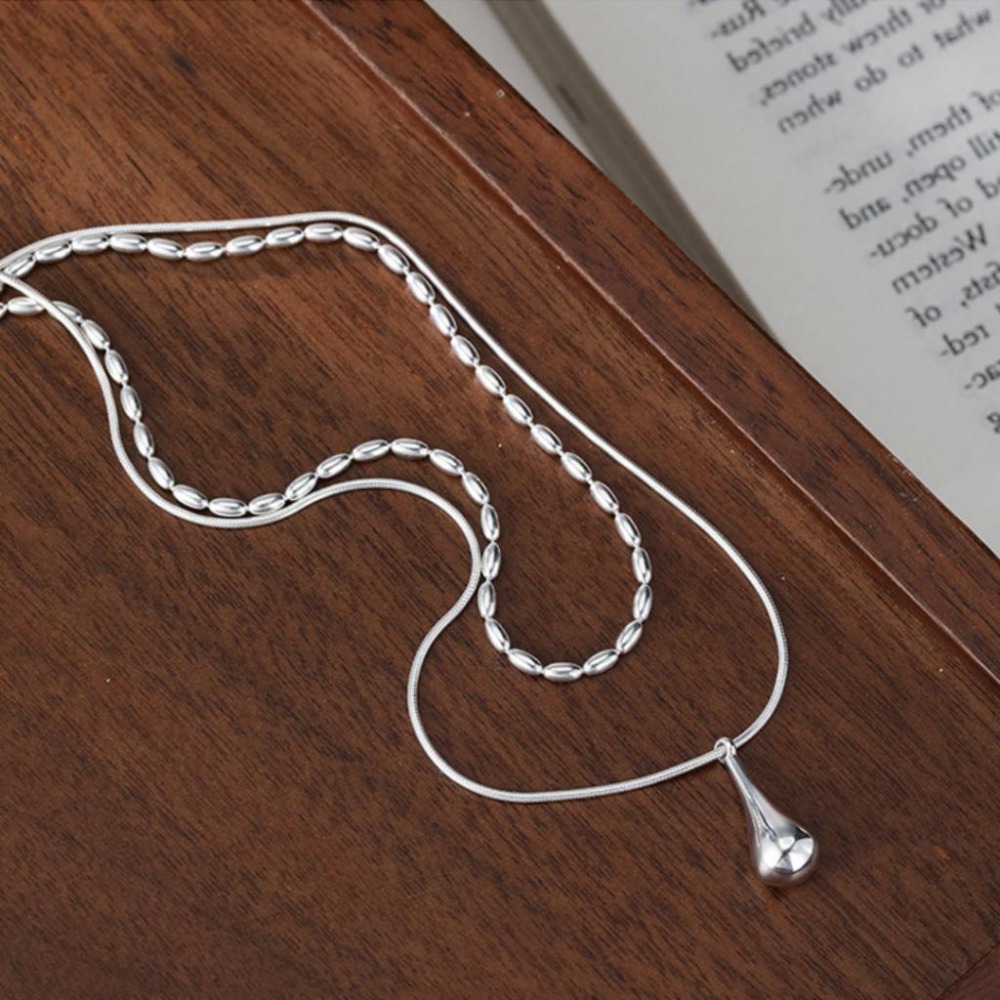 【43小舖】925鍍銀 雙層疊戴 橄欖珠 水滴吊墜 項鍊｜S925｜頸鍊｜鎖骨鍊｜飾品｜銀飾｜送拭銀布-細節圖8