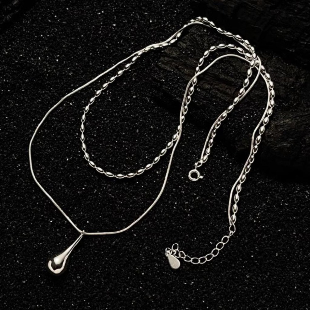 【43小舖】925鍍銀 雙層疊戴 橄欖珠 水滴吊墜 項鍊｜S925｜頸鍊｜鎖骨鍊｜飾品｜銀飾｜送拭銀布-細節圖9