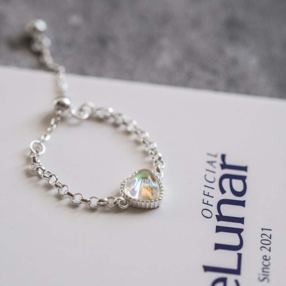 【43小舖】925純銀 月光石 愛心 心形 鏈條 可調式抽拉 拉繩 鍊戒｜S925｜通體純銀｜戒指｜飾品｜銀飾｜送拭銀布-細節圖7