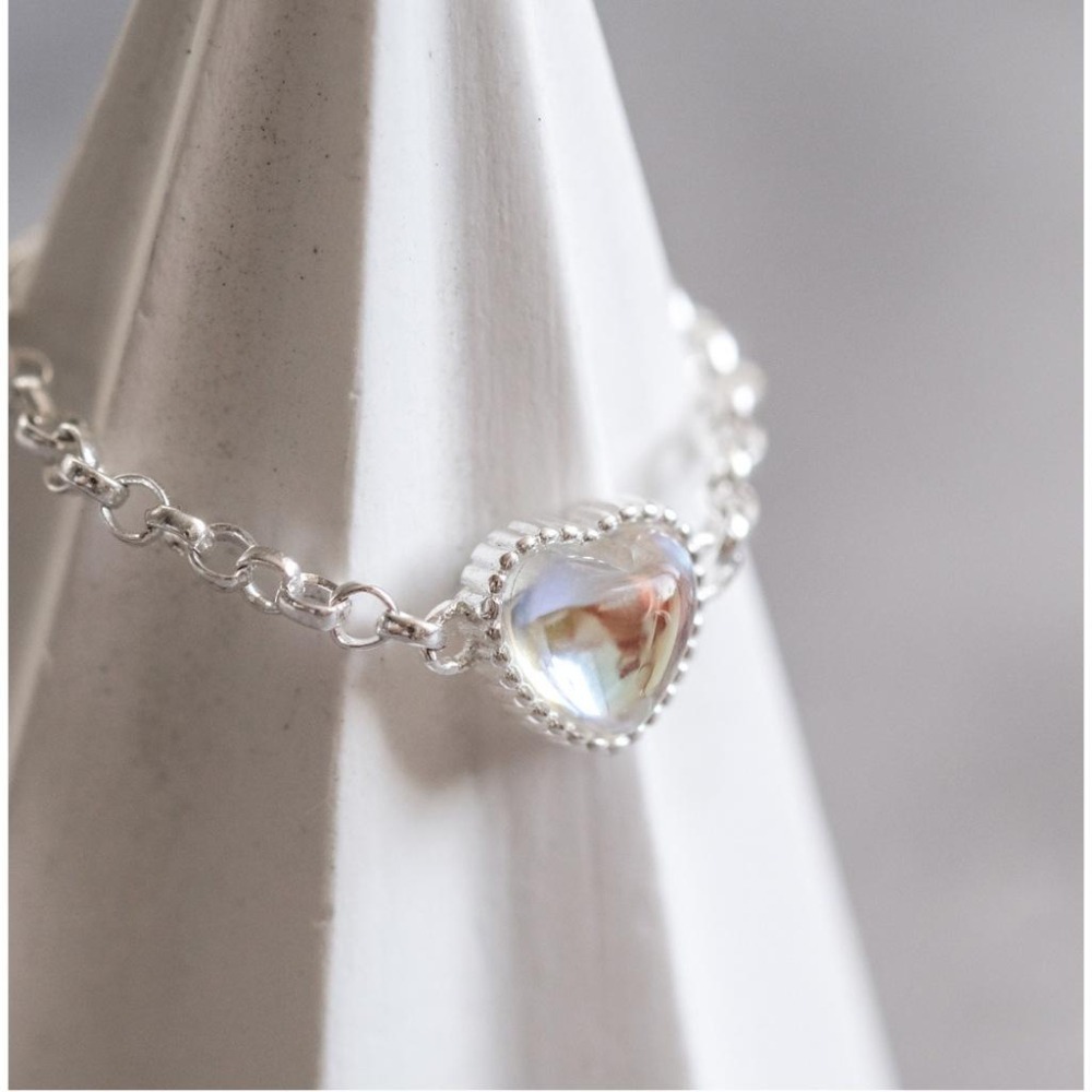 【43小舖】925純銀 月光石 愛心 心形 鏈條 可調式抽拉 拉繩 鍊戒｜S925｜通體純銀｜戒指｜飾品｜銀飾｜送拭銀布-細節圖8