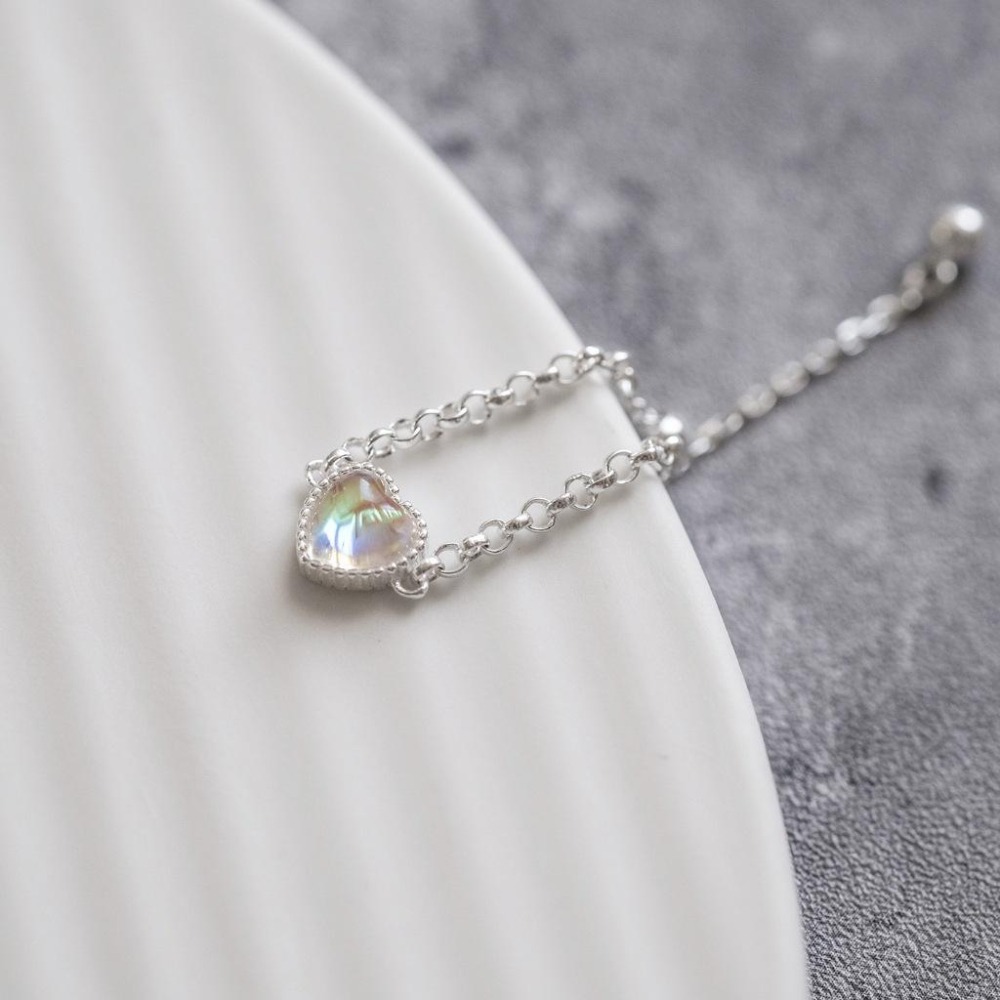 【43小舖】925純銀 月光石 愛心 心形 鏈條 可調式抽拉 拉繩 鍊戒｜S925｜通體純銀｜戒指｜飾品｜銀飾｜送拭銀布-細節圖9