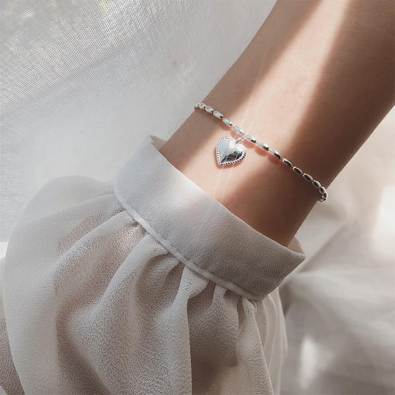 【43小舖】925純銀 銀米粒串珠 橄欖珠 愛心 心形 手鍊｜S925｜通體純銀｜手環｜手鏈｜手飾｜飾品｜銀飾｜送拭銀布-細節圖5