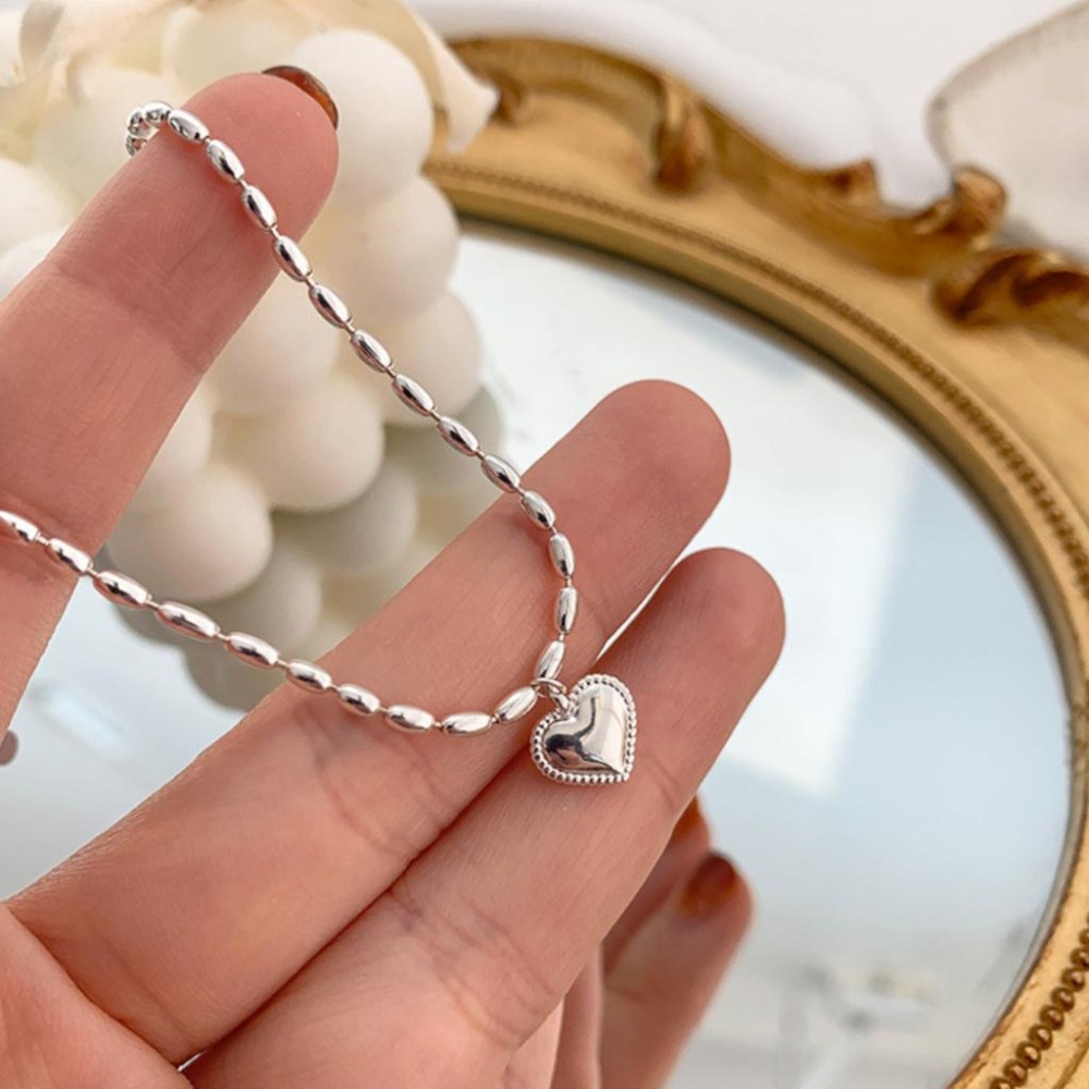 【43小舖】925純銀 銀米粒串珠 橄欖珠 愛心 心形 手鍊｜S925｜通體純銀｜手環｜手鏈｜手飾｜飾品｜銀飾｜送拭銀布-細節圖6