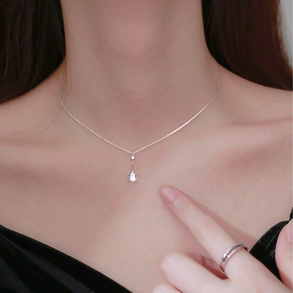 【43小舖】925純銀 水滴 鑲鑽鋯石 項鍊｜S925｜通體純銀｜頸鍊｜鎖骨鍊｜飾品｜銀飾｜送拭銀布-細節圖4