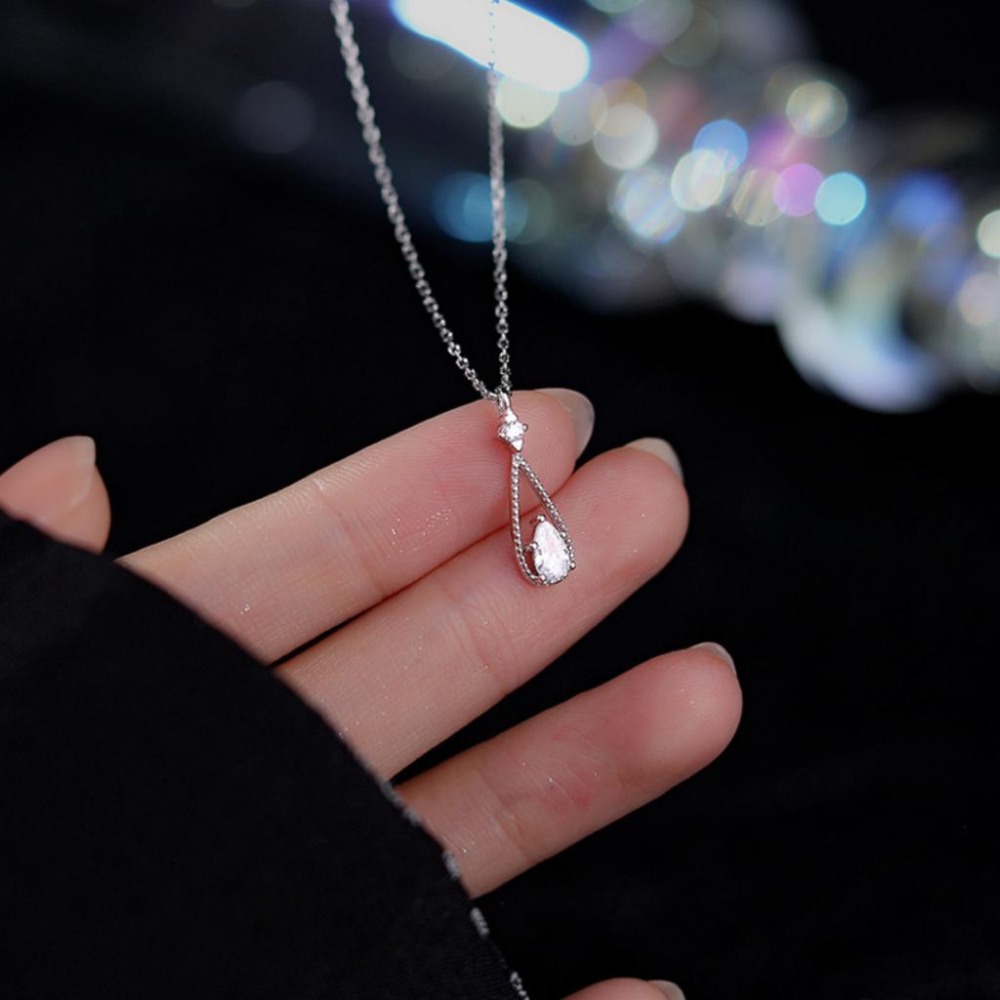 【43小舖】925純銀 水滴 鑲鑽鋯石 項鍊｜S925｜通體純銀｜頸鍊｜鎖骨鍊｜飾品｜銀飾｜送拭銀布-細節圖6