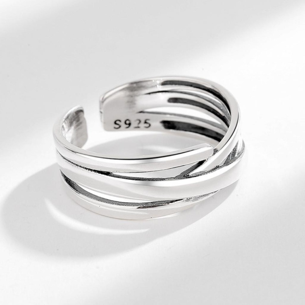 【43小舖】925純銀 復古嘻哈風 不規則多層交織 可調式 戒指｜S925｜通體純銀｜開口戒｜飾品｜銀飾｜送拭銀布-細節圖8
