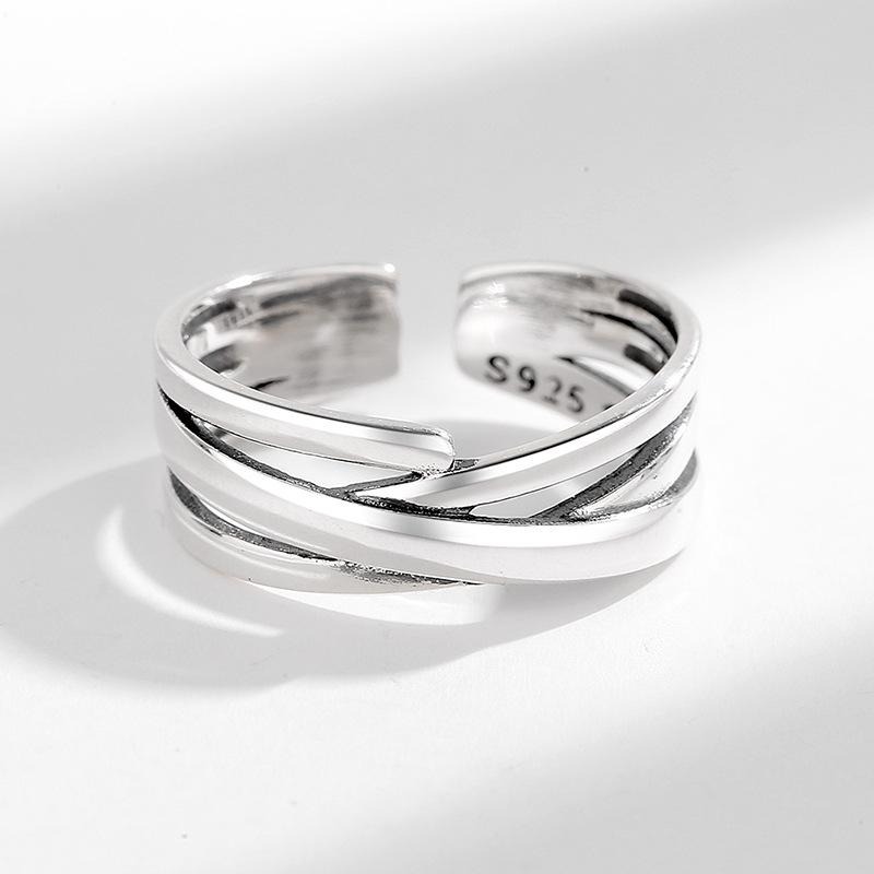 【43小舖】925純銀 復古嘻哈風 不規則多層交織 可調式 戒指｜S925｜通體純銀｜開口戒｜飾品｜銀飾｜送拭銀布-細節圖9