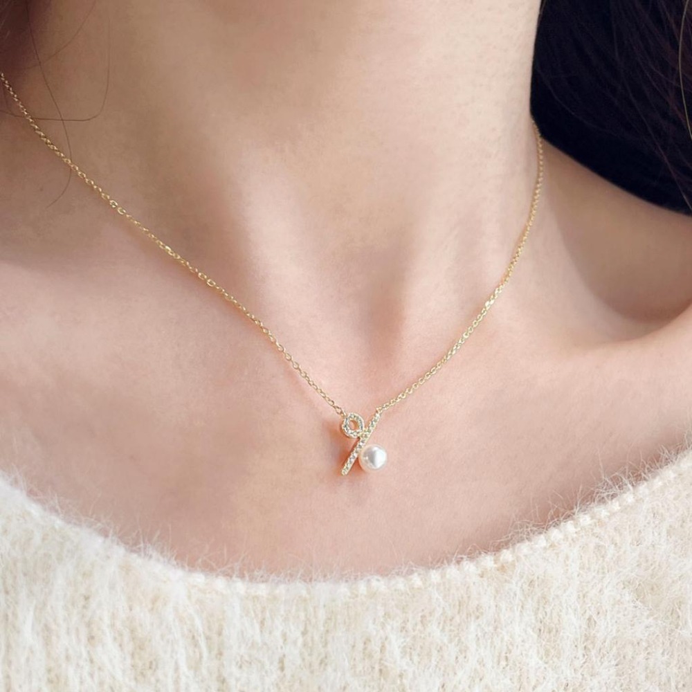 【43小舖】925純銀 天然珍珠 百分比符號 鑲鑽鋯石 項鍊｜S925｜通體純銀｜吊墜｜頸鍊｜珍珠項鍊｜飾品｜送拭銀布-細節圖3