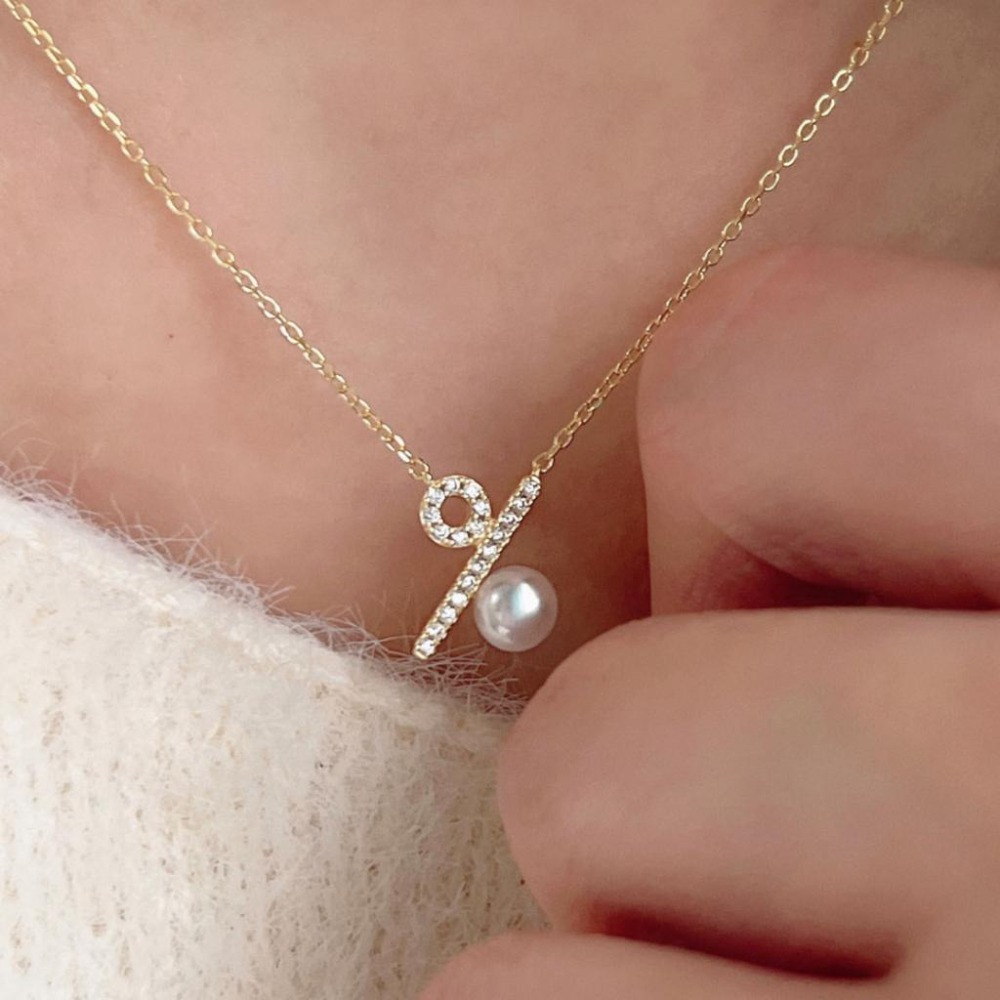 【43小舖】925純銀 天然珍珠 百分比符號 鑲鑽鋯石 項鍊｜S925｜通體純銀｜吊墜｜頸鍊｜珍珠項鍊｜飾品｜送拭銀布-細節圖4