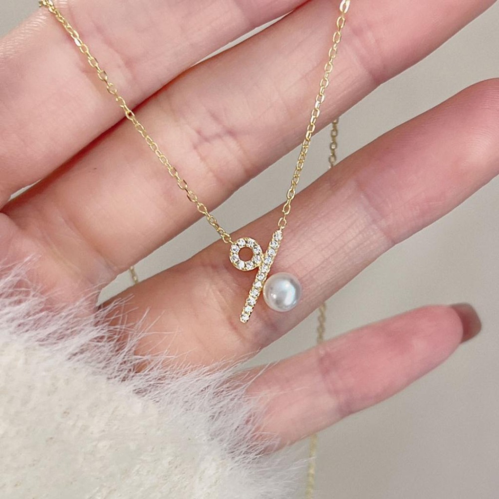 【43小舖】925純銀 天然珍珠 百分比符號 鑲鑽鋯石 項鍊｜S925｜通體純銀｜吊墜｜頸鍊｜珍珠項鍊｜飾品｜送拭銀布-細節圖6