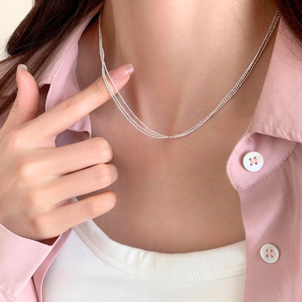 【43小舖】925純銀 波光粼粼 三層閃閃圓珠 項鍊｜S925｜通體純銀｜頸鍊｜鎖骨鍊｜飾品｜銀飾｜送拭銀布-細節圖3