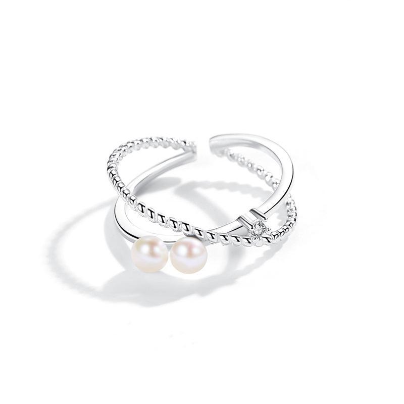 【43小舖】925純銀 珍珠 雙層交叉 可調式 戒指｜S925｜通體純銀｜開口戒｜珍珠戒指｜飾品｜銀飾｜送拭銀布-細節圖2