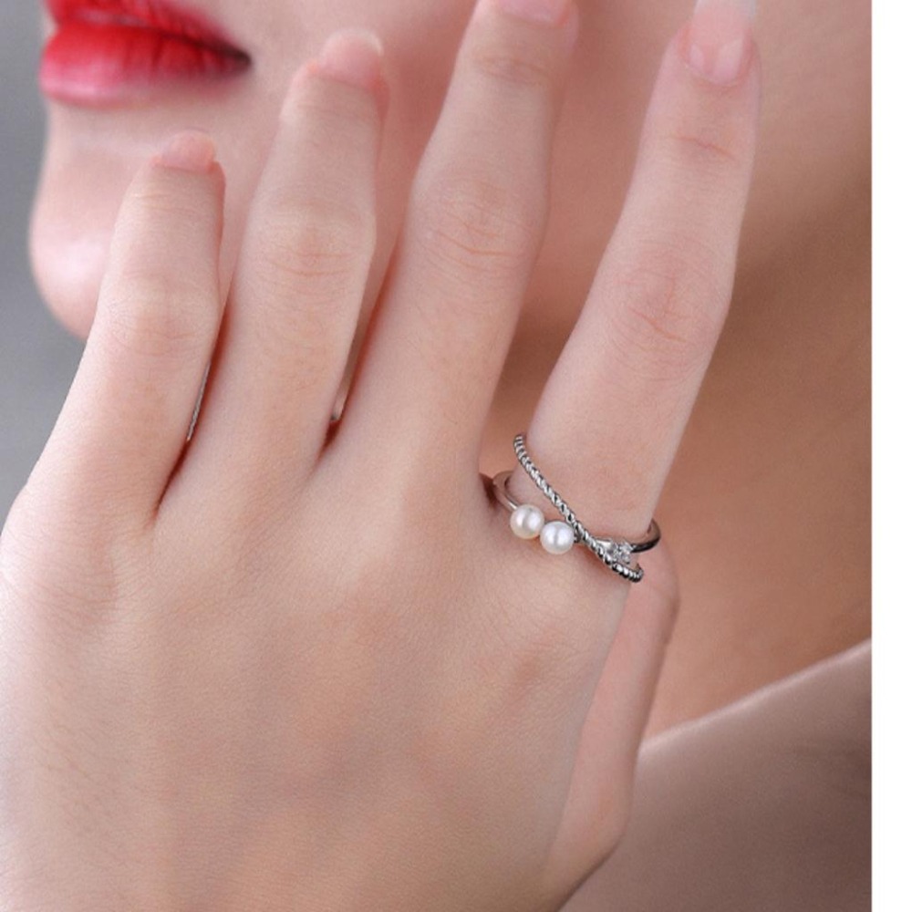 【43小舖】925純銀 珍珠 雙層交叉 可調式 戒指｜S925｜通體純銀｜開口戒｜珍珠戒指｜飾品｜銀飾｜送拭銀布-細節圖4