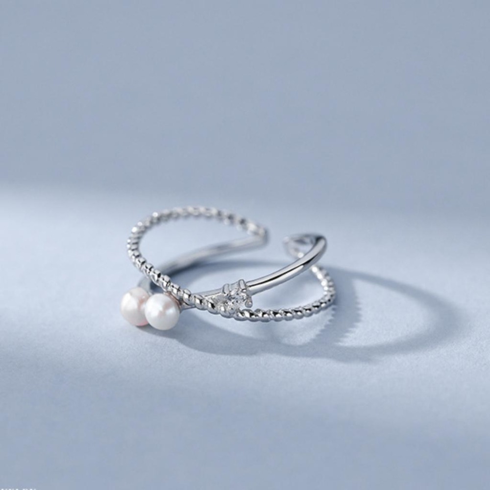 【43小舖】925純銀 珍珠 雙層交叉 可調式 戒指｜S925｜通體純銀｜開口戒｜珍珠戒指｜飾品｜銀飾｜送拭銀布-細節圖8