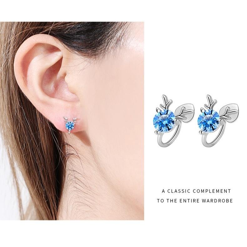 【43小舖】925純銀 一鹿有你 藍白鑲嵌鋯石 馴鹿造型 耳夾｜S925｜通體純銀｜聖誕節｜耳環｜耳飾｜飾品｜送拭銀布-細節圖4