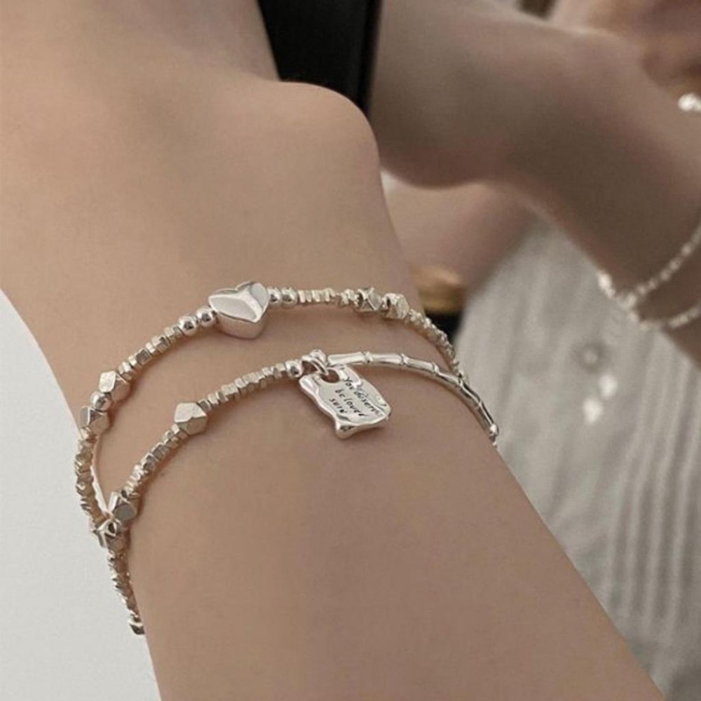 【43小舖】925鍍銀 鍍白金 愛心 方牌 碎銀 手鍊｜S925｜手環｜手鏈｜手飾｜飾品｜銀飾｜送拭銀布-細節圖4
