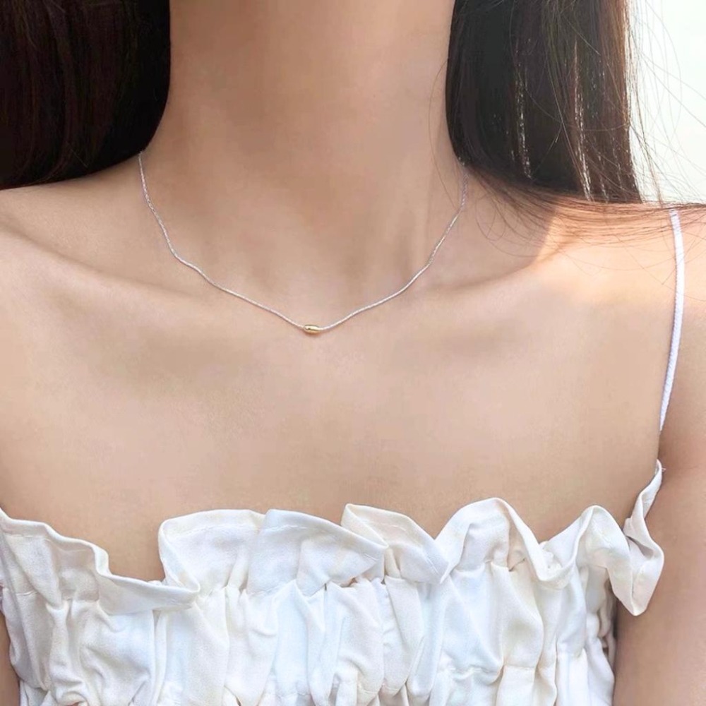 【43小舖】925純銀 金豆銀線 米粒橄欖珠 項鍊｜S925｜通體純銀｜頸鍊｜鎖骨鍊｜飾品｜銀飾｜送拭銀布-細節圖4