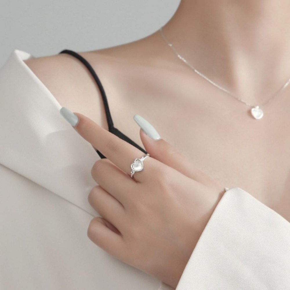 【43小舖】925純銀 瑪瑙愛心 麻花心形 鑲鑽鋯石 可調式 戒指｜S925｜通體純銀｜開口戒｜飾品｜銀飾｜送拭銀布-細節圖3