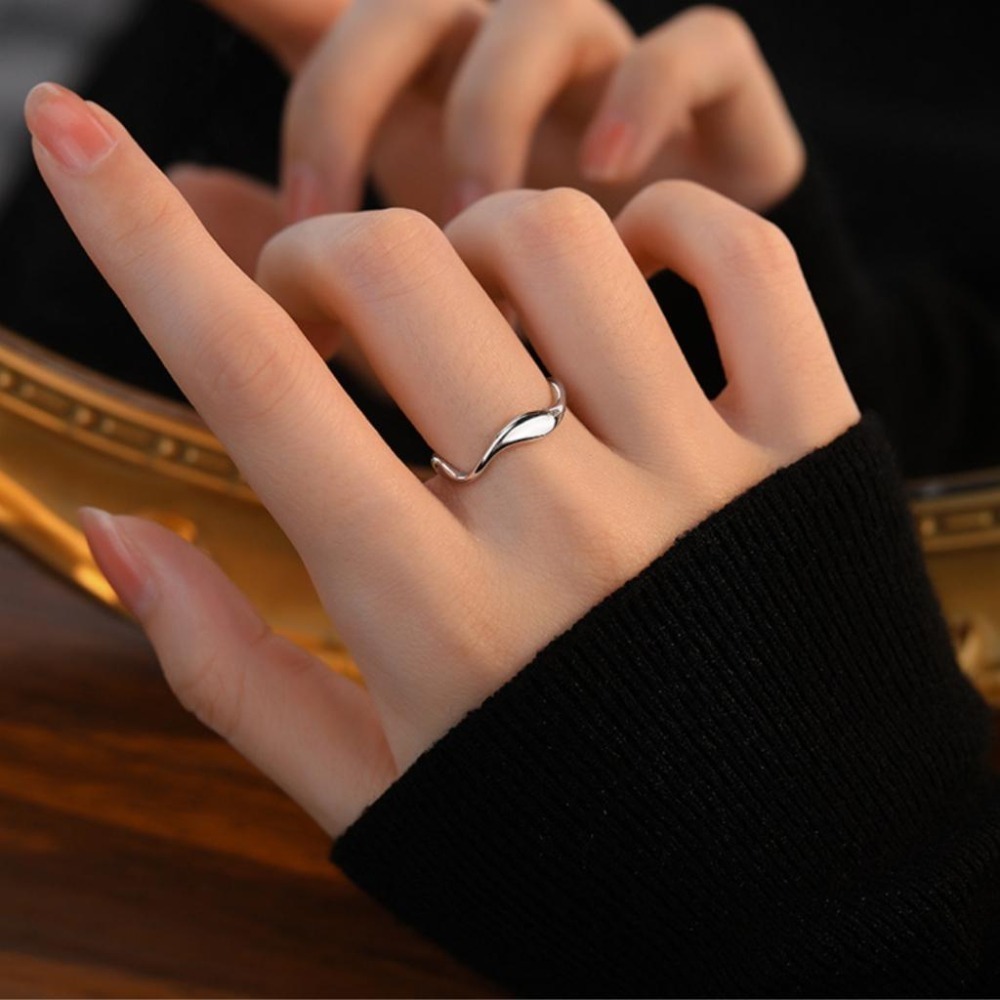 【43小舖】925純銀 不規則幾何 波浪 可調式 戒指｜S925｜通體純銀｜開口戒｜飾品｜銀飾｜送拭銀布-細節圖4