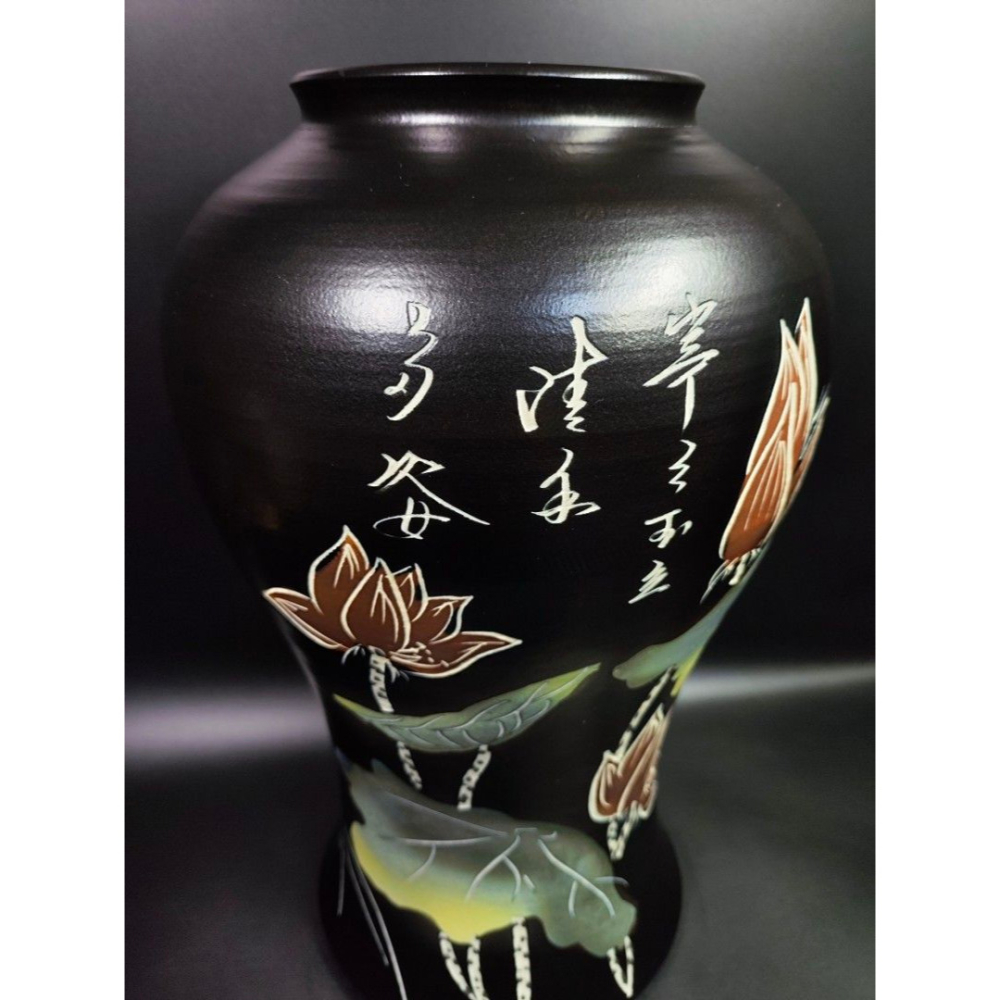 鶯歌陶藝早期件 - 金源成荷花花瓶（落款：金源成）（柴燒/老窯/手工/茶碗/收藏/古董/擺飾/絕品）-細節圖2