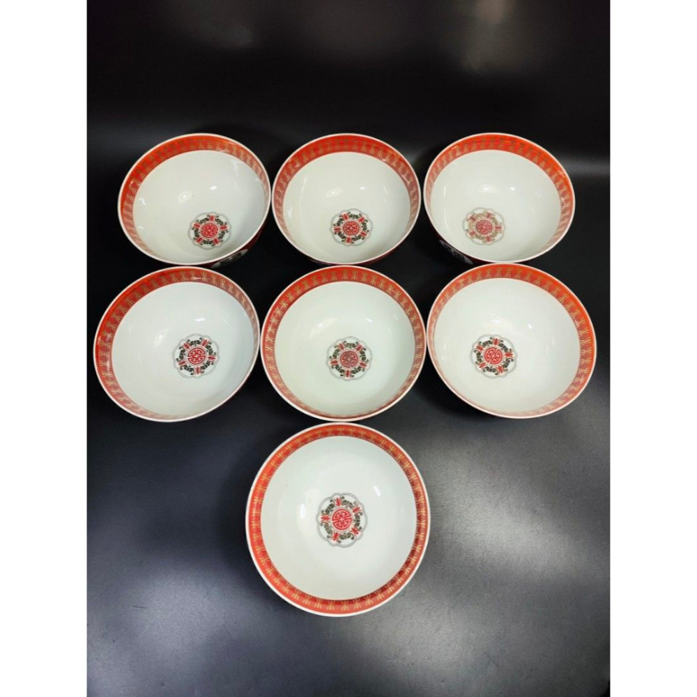 早期僑中磁器老件 - 萬壽無疆碗（7入）（磁器/瓷器/陶器/手工窯/手工/擺飾/器皿/餐盤/碗/盤）-細節圖8