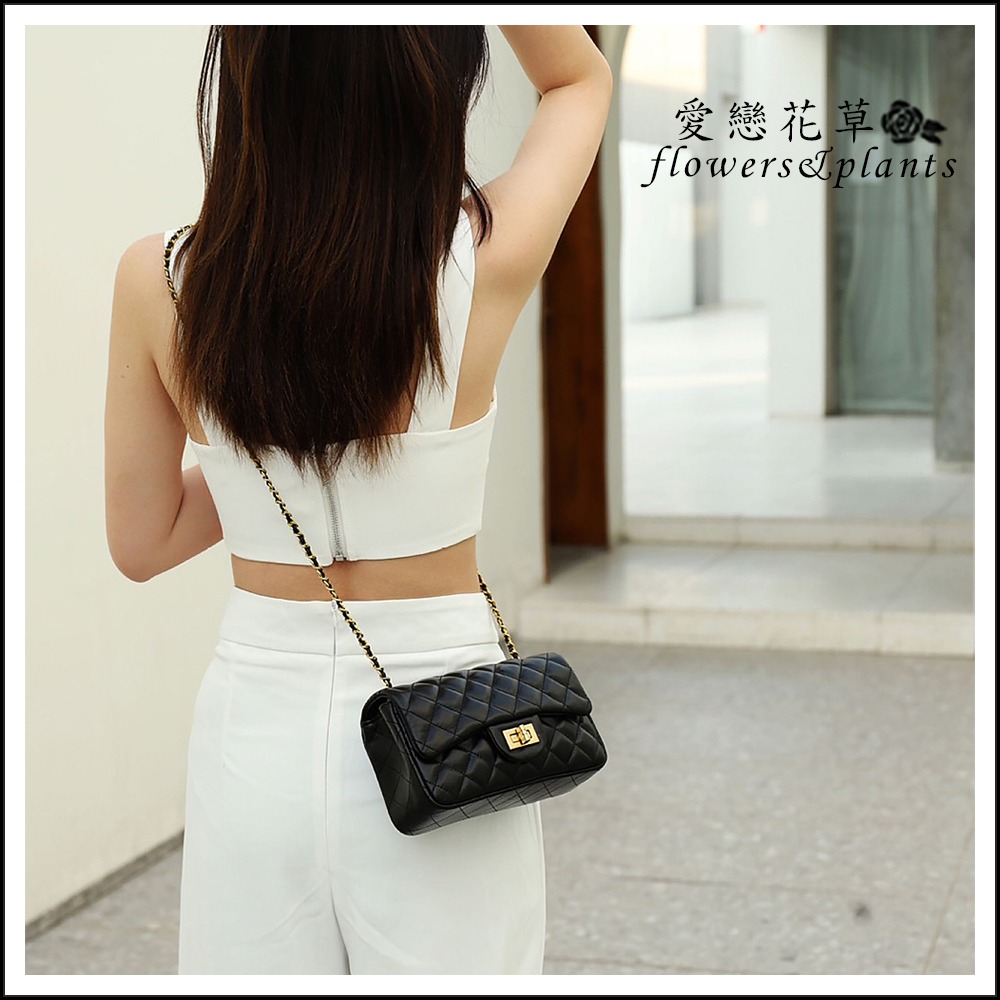【愛戀花草】迷你小香風斜背菱格包 (黑色、頂級小牛皮、低調奢華、簡單無LOGO、F002)-細節圖2