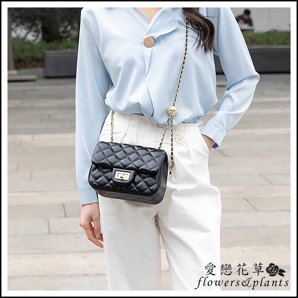 【愛戀花草】迷你小香風斜背菱格包 (黑色、頂級小牛皮、低調奢華、簡單無LOGO、F002)-細節圖3