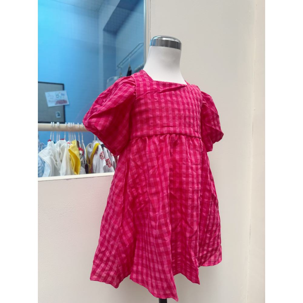 韓系桃紅泡泡袖洋裝-細節圖5