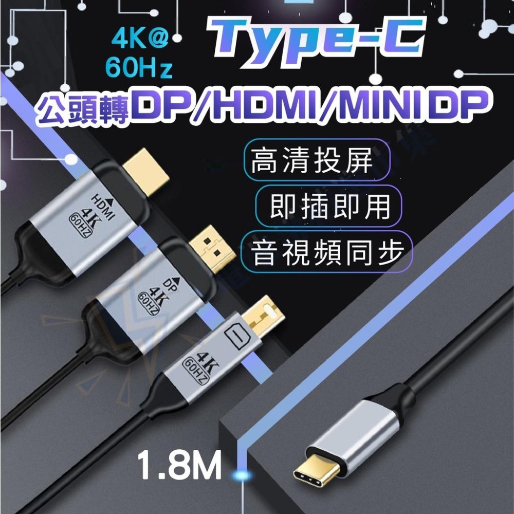 TYPE-C 轉 HDMI/DP/mini DP 轉接線 1.8M 轉接器 轉接頭 轉換線 同屏器 4K 60HZ 高清-細節圖9