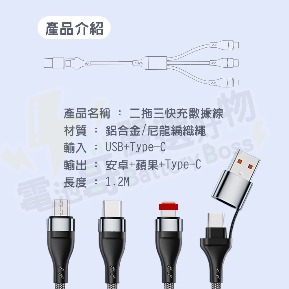 二拖三快充線 6A 大電流 60W充電線 數據線 手機充電 安卓 蘋果 TypeC充電 編織線 轉接線-細節圖5