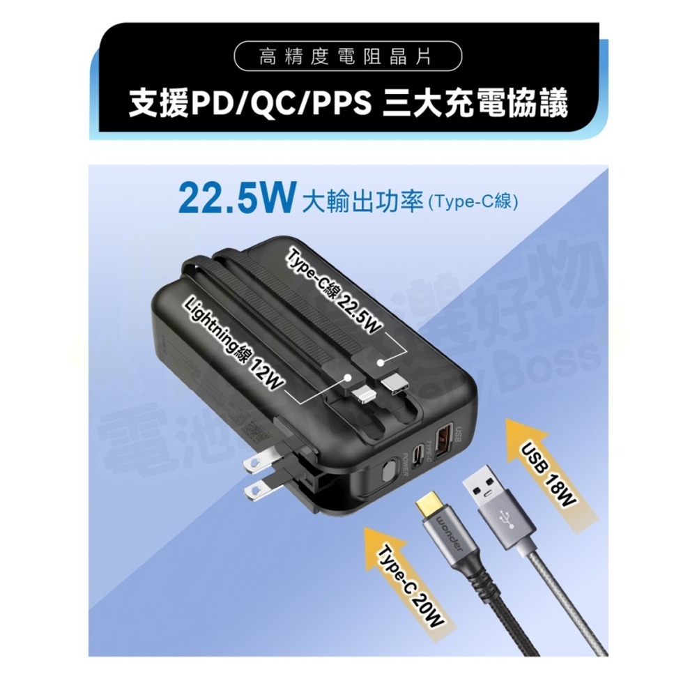 【電池哥】行動電源 10000mAh 20000mAh 多功能旅行插頭帶線快充行動電源 自帶線行動電源 行動電源-細節圖6