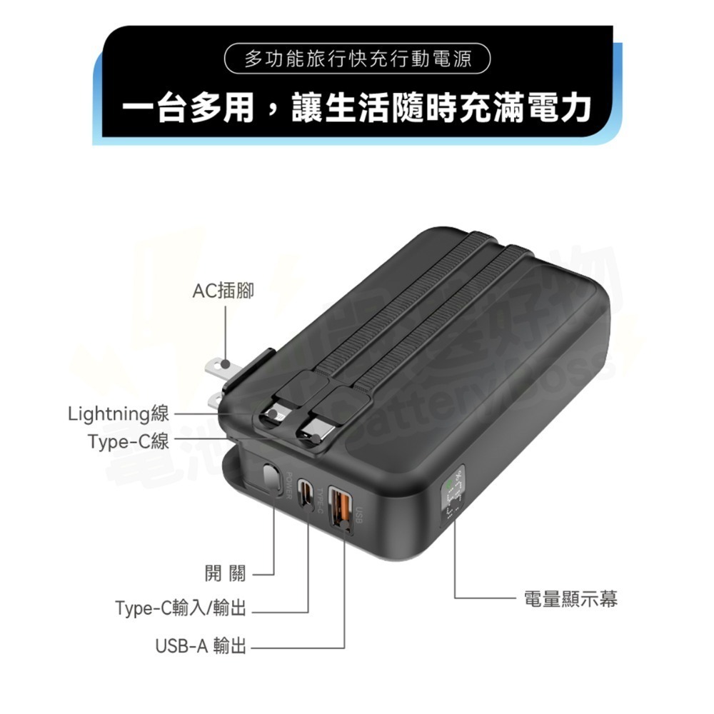 【電池哥】行動電源 10000mAh 20000mAh 多功能旅行插頭帶線快充行動電源 自帶線行動電源 行動電源-規格圖9