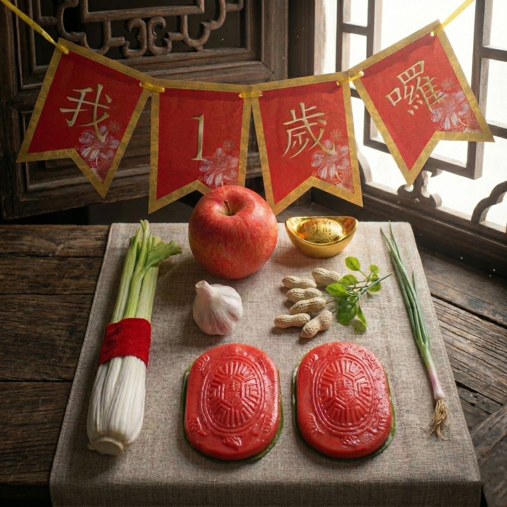 抓周 抓週 紅龜粿道具 開運小物 長命富粿 台灣製 抓週用品 仿真 蒜頭 葱 花生 蘋果 芹菜 米篩 櫥窗佈置 D63-細節圖2