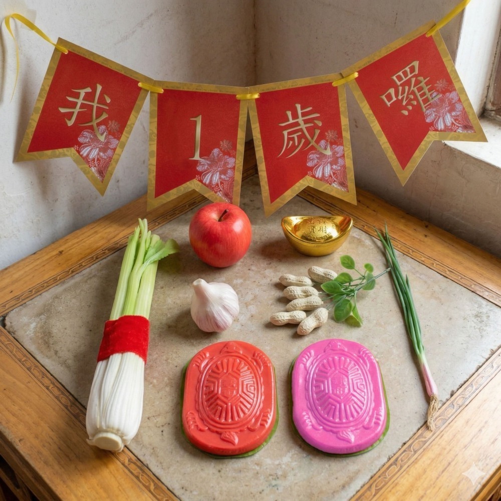 抓周 抓週 紅龜粿道具 開運小物 長命富粿 台灣製 抓週用品 仿真 蒜頭 葱 花生 蘋果 芹菜 米篩 櫥窗佈置 D63-細節圖3