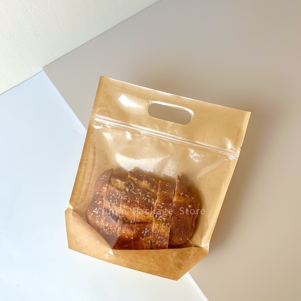 【 Khipie 】單面牛皮 鑽石型手提夾鏈立袋 50入 兩種尺寸 寬型 吐司 貝果袋 夾立袋 果乾袋 餅乾袋 糖果袋-細節圖3