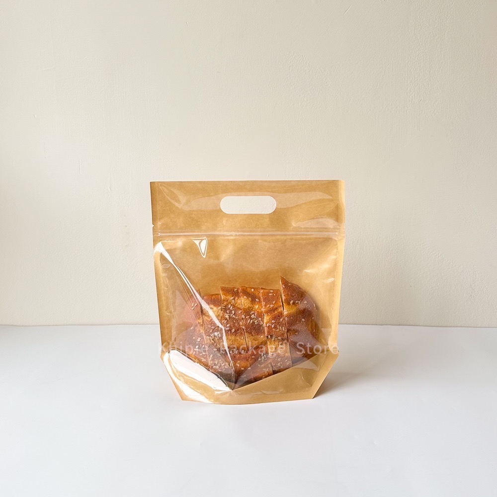 【 Khipie 】單面牛皮 鑽石型手提夾鏈立袋 50入 兩種尺寸 寬型 吐司 貝果袋 夾立袋 果乾袋 餅乾袋 糖果袋-細節圖4