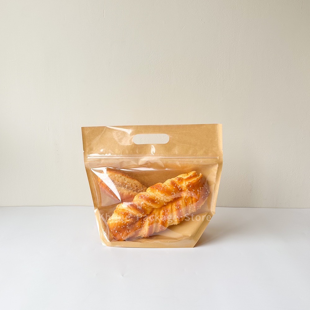 【 Khipie 】單面牛皮 鑽石型手提夾鏈立袋 50入 兩種尺寸 寬型 吐司 貝果袋 夾立袋 果乾袋 餅乾袋 糖果袋-細節圖5