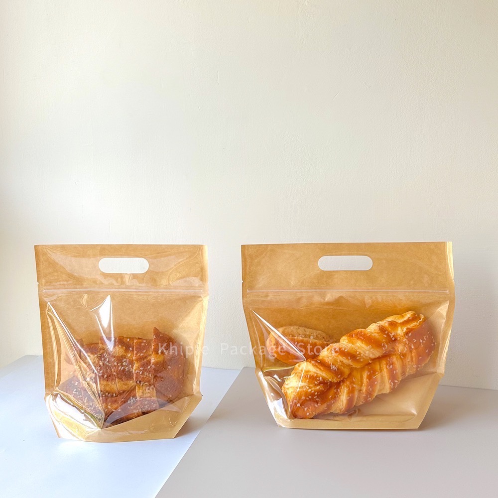 【 Khipie 】單面牛皮 鑽石型手提夾鏈立袋 50入 兩種尺寸 寬型 吐司 貝果袋 夾立袋 果乾袋 餅乾袋 糖果袋-細節圖6