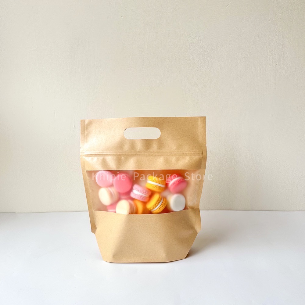 【 Khipie 】開窗牛皮 鑽石型手提夾鏈立袋 50入 兩種尺寸 寬型 吐司 貝果袋 夾立袋 果乾袋 餅乾袋 糖果袋-細節圖2